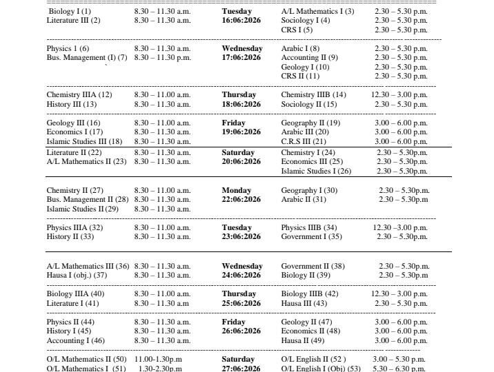 IJMB 2026 Examination Timetable | 2026 IJMB TIMETABLE