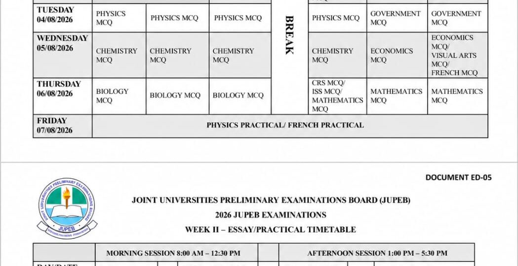 2026 JUPEB Examination Timetable | JUPEB 2026 TIMETABLE
