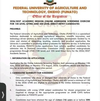 FUNATO Post-UTME/DE 2026: Cut-off mark, Eligibility and Registration Details