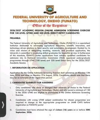 FUNATO Post-UTME/DE 2026: Cut-off mark, Eligibility and Registration Details