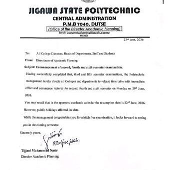 Jigawa State Poly notice on commencement of 2nd, 4th & 6th semester lectures