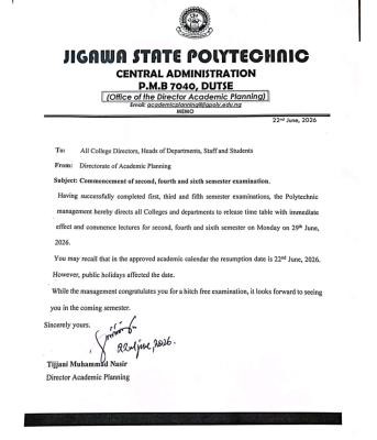 Jigawa State Poly notice on commencement of 2nd, 4th & 6th semester lectures