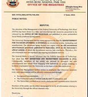FUTIA debunks fake recruitment advert, warns job seekers against impostors