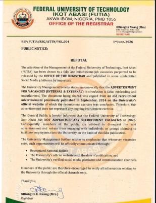 FUTIA debunks fake recruitment advert, warns job seekers against impostors