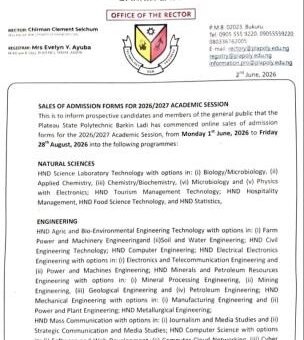 PLAPOLY ND/HND admissions for 2026/2027 session