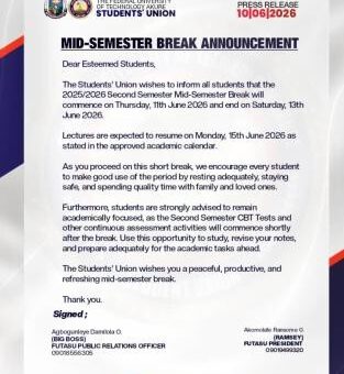 FUTA SUG notice on Mid-semester Break, 2nd Semester 2025/2026 session