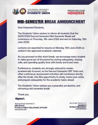 FUTA SUG notice on Mid-semester Break, 2nd Semester 2025/2026 session