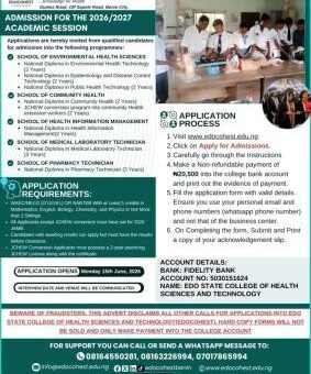 Edo State College of Health Sciences & Tech. releases Admission form, 2026/2027