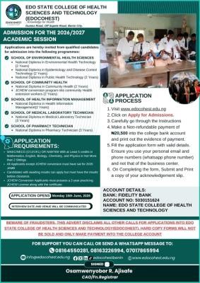 Edo State College of Health Sciences & Tech. releases Admission form, 2026/2027