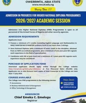 Nigerian Navy College of Account & Finance, Owerrinta HND Admission form, 2026/2027
