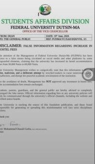 FUDUTSIN-MA disclaims false information regarding increase in hostel fees