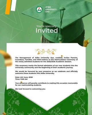 Atiba University announces 2025/2026 Matriculation Ceremony
