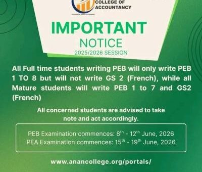 Nigerian College of Accountancy notice on PEB and PEA examinations