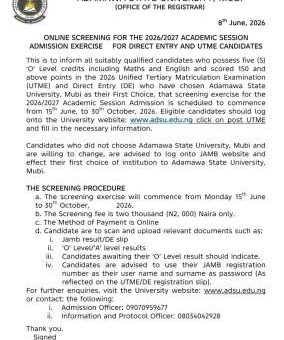 ADSU Post-UTME/DE 2026: Cut-off mark, Eligibility and Registration Details