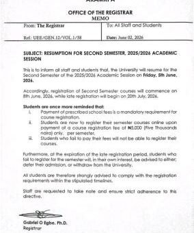 University of Education and Entrepreneurship 2nd semester resumption date, 2025/2026