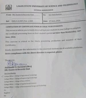 LASUSTECH notice to final year students on completion of certificate processing form