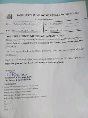 LASUSTECH notice to final year students on completion of certificate processing form