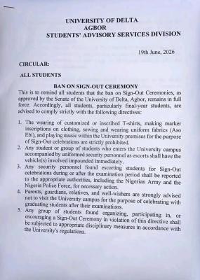 UNIDEL reteriates ban on signing-out ceremonies