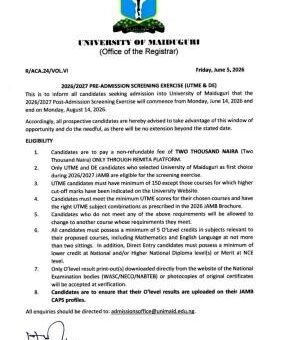 UNIMAID Post-UTME 2026: Cut off mark, Eligibility and Registration Procedures