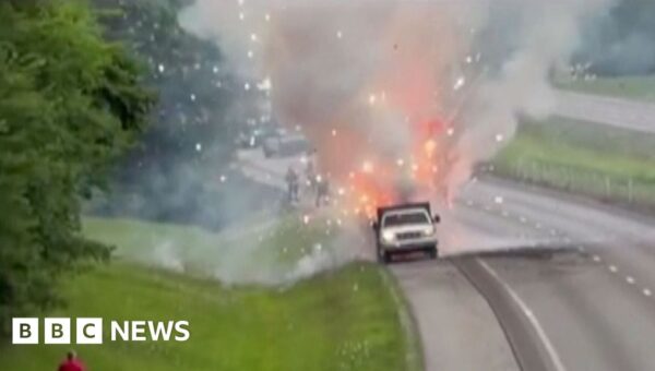 Watch: Truck carrying fireworks catches fire, sparking spectacular display