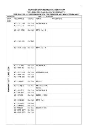 Akwa Ibom State Poly releases SIWES first semester exam timetable, 2025/2026