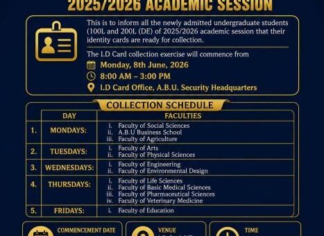 ABU Zaria issues notice to newly admitted students on collection of ID Cards