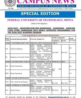 FUTMINNA Admission into newly approved programmes, 2026/2027