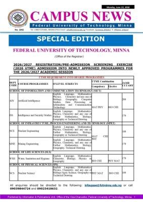 FUTMINNA Admission into newly approved programmes, 2026/2027