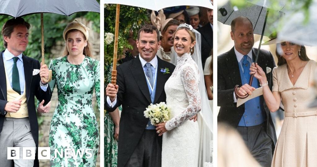 Watch: A veil, gowns and umbrellas at a rainy royal wedding