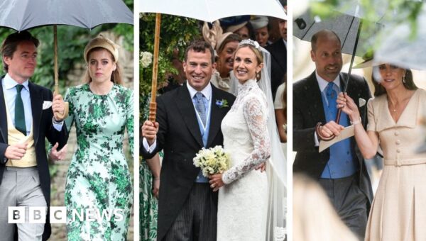 Watch: A veil, gowns and umbrellas at a rainy royal wedding