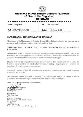 ATBU debunks purported mandatory drug test circular