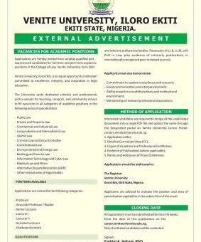 Venite University College of Law announces academic job vacancies
