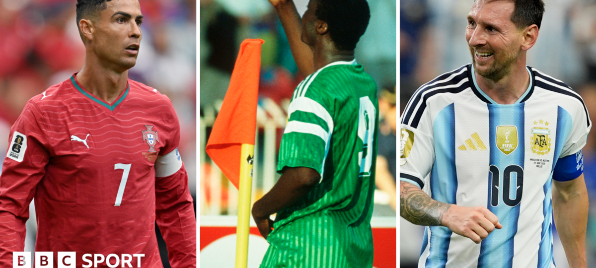 Who is the African World Cup goalscorer older than Ronaldo and Messi?
