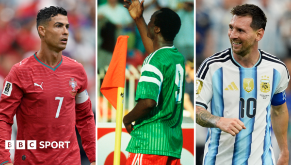 Who is the African World Cup goalscorer older than Ronaldo and Messi?