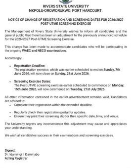 RSUST extends Post-UTME registration deadline & screening exercise test, 2026/2027