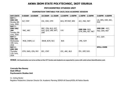 Akwa Ibom State Poly releases first semester GNS exam timetable, 2025/2026