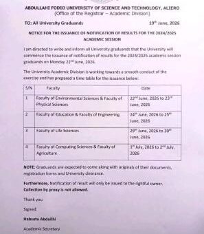 AFUSTA notice on issuance of notification of results, 2024/25 session