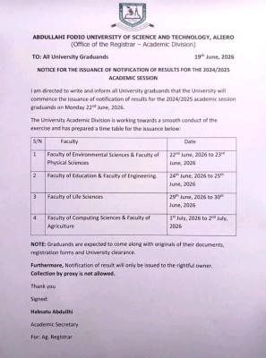 AFUSTA notice on issuance of notification of results, 2024/25 session