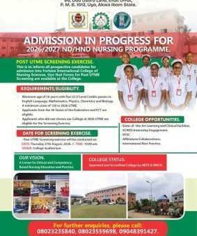 Fortune International College of Nursing Sciences, Uyo releases Admission form, 2026/2027