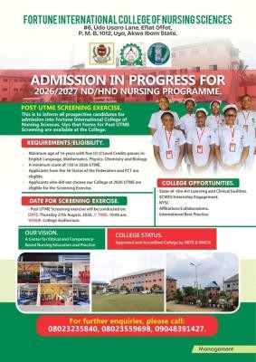 Fortune International College of Nursing Sciences, Uyo releases Admission form, 2026/2027