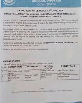 DELSU notice to Final Year students on Plagiarism Screening and Clearance