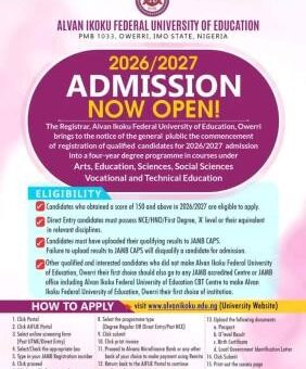 Alvan Ikoku Federal University of Education Post-UTME/DE 2026: Cut-off mark, Eligibility and Registration Details