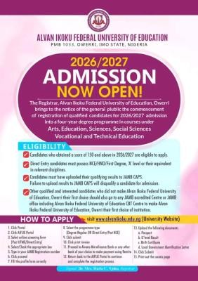 Alvan Ikoku Federal University of Education Post-UTME/DE 2026: Cut-off mark, Eligibility and Registration Details