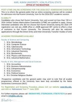 Karl Kumm University, Vom Post-UTME/DE 2026: Cut-off mark, Eligibility and Registration Details