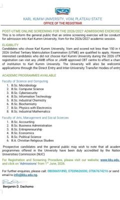 Karl Kumm University, Vom Post-UTME/DE 2026: Cut-off mark, Eligibility and Registration Details