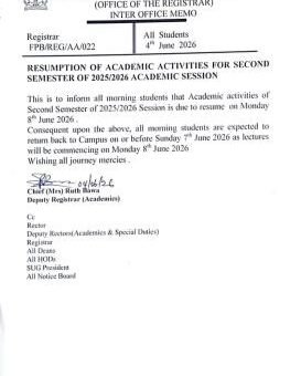 Federal Polytechnic, Bida announces second semester resumption date, 2025/2026