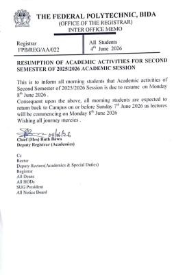 Federal Polytechnic, Bida announces second semester resumption date, 2025/2026