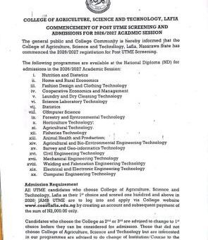 College of Agriculture, Science & Tech. Lafia Post-UTME 2026: Cut-off mark, Eligibility and Registration Details