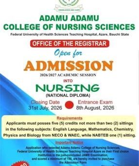 Adamu Adamu College of Nursing Sciences, Azare ND Nursing Admission form, 2026/2027