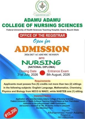 Adamu Adamu College of Nursing Sciences, Azare ND Nursing Admission form, 2026/2027
